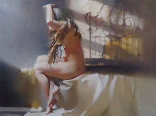 Alexey Chernigin; At Morning, 2013, Original Painting Oil, 80 x 60 cm. Artwork description: 241 Girl, bed, bedroom, window, light, sun, nu, nude...