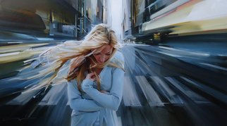Alexey Chernigin; Crossroads, 2016, Original Painting Oil, 160 x 90 cm. Artwork description: 241 Crossroads, city, girl, movement, expression, cars...