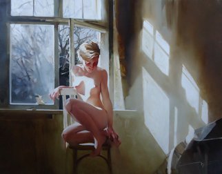 Alexey Chernigin; Last Leaf, 2014, Original Painting Oil, 90 x 70 cm. Artwork description: 241 Girl, window, light, sun, autumn, nude, model, leaf, erotic, nu ...