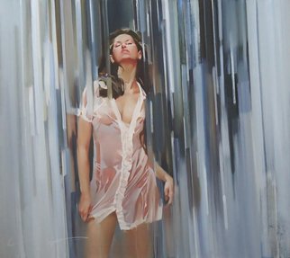Alexey Chernigin; Rainfall, 2015, Original Painting Oil, 90 x 80 cm. Artwork description: 241 Rainfall, body, woman, rain, water, wet dress...