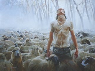 Alexey Chernigin; Shepherd, 2015, Original Painting Oil, 120 x 90 cm. Artwork description: 241 Shepherd, sheep, flock, rain, fog, destination...