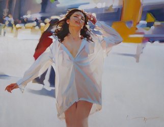 Alexey Chernigin; Spring, 2016, Original Painting Oil, 90 x 70 cm. Artwork description: 241 Girl, white shirt, street, sun, spring, naked, city...