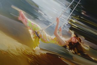 Alexey Chernigin; Swing, 2014, Original Painting Oil, 150 x 100 cm. Artwork description: 241 Swing, summer, dress, leaves, trees in motion...