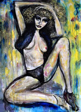 Alex Solodov; Venus In Furs, 2015, Original Watercolor, 70 x 50 cm. Artwork description: 241  erotic acrylic and water- colour painting portrayed nude model wearing in furs on abstract background. In expressionism style.  ...