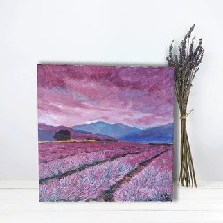 Alexandrina Mihalkova; Lavender Fields, 2021, Original Painting Acrylic, 40 x 40 cm. Artwork description: 241 Lavender fields landscape art, acrylic on canvas. Bulgarian lavender scape. ...