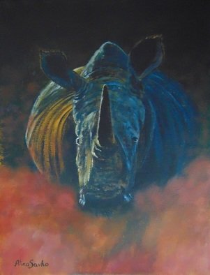 Alina Savko; Approaching, 2019, Original Painting Acrylic, 34 x 44 cm. Artwork description: 241 It is a rhino approaching towards you from the dark through the red dust. This painting represents power and beauty of the animal. ...