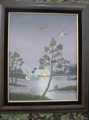 Al Johannessen; Hey Waite For Me, 2010, Original Painting Oil, 16 x 20 inches. Artwork description: 241  Ducks at sunset flying overhead ...