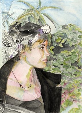 Alkistis Wechsler, 'IDRIA', 2007, original Watercolor, 12 x 16  x 1 cm. Artwork description: 6933  One of various portraits of Marie Le Saige, in my London back yard. With undertones of psychedelic fashionable coloration, it is indeed a psychological portrait with green leaves and feathers. ...