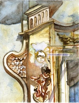 Alkistis Wechsler, 'Palazzo Nicastro 1', 1997, original Watercolor, 12 x 17  x 1 cm. Artwork description: 6588  18th century sizilian baroque.A detail of the facade of Palazzo Nicastro, also known as Canceleria Vecchia, in the town of Ragusa- Ibla, at the S- E of Sicily ( near Taormina) . ...