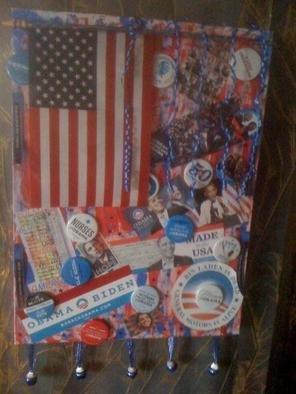 Allan Cohen;  Obama Biden  Wins, 2012, Original Assemblage, 18 x 24 inches. Artwork description: 241   Obama - Biden - WinsOriginal, Mixed Media, Collage, Assembladge On Canvas - Artist Signed.Obama - Biden Wins Election. Acrylic painted on canvas background, Red, White, Blue.Buttons, Pictures, Ribbon, Bells, American Flag.The piece is interactive ( when the flag is picked up a large photo of President Obame is ...