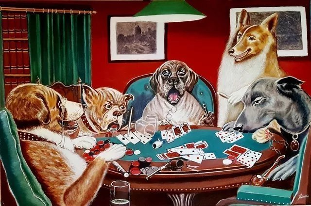 Alla Alevtina Volkova; Dogs Playing Poker, 2019, Original Painting Oil, 24 x 36 inches. Artwork description: 241 Dogs Playing Poker, reproduction Cassius Marcellus Coolidge.  Oil Painting Original Wall painting on Canvas by Alla Volkova.  Perfect gift for any occasion.  Size 24x 36inches 60. 000 x 90. 000 x 3 cmThe oil paintingDogs Playing Poker was written in 2019.  All my works are written ...