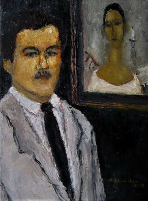 Alpha Shanahan; Modigliani With Anna, 2018, Original Painting Oil, 7 x 9.5 inches. Artwork description: 241 Amedeo Modigliani, the famous italian painter1884- 1920 has painted many portraits.  In this painting, i placed him before one of his portrait paintings.  That of Anna Zborowski.  This is a small portrait painting of my favourite artist, Amedeo Modigliani. ...