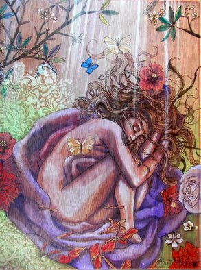 Amanda Scott; Sleeping Fairy, 2016, Original Painting Acrylic, 11 x 14 inches. Artwork description: 241  wood burning, nude, figure, painting, acrylic, maui artist, Hawaii, original painting, sold by artist. ...
