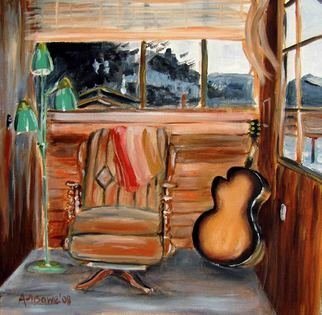 A M Bowe; Interior With Guitar, 2008, Original Painting Oil, 30 x 30 cm. 