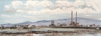 A M Bowe; Poolbeg Towers Dublin, 2018, Original Painting Oil, 30 x 20 cm. Artwork description: 241 The Iconic towers that greet visitors who arrive into Dublin.  ...