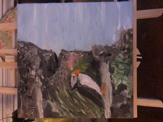 Ann Marie Khadoo; Puffin On A Rock, 2020, Original Painting Oil, 8 x 8 inches. Artwork description: 241 Puffin perched on a rock off the coast of Scotland looking out at ocean...