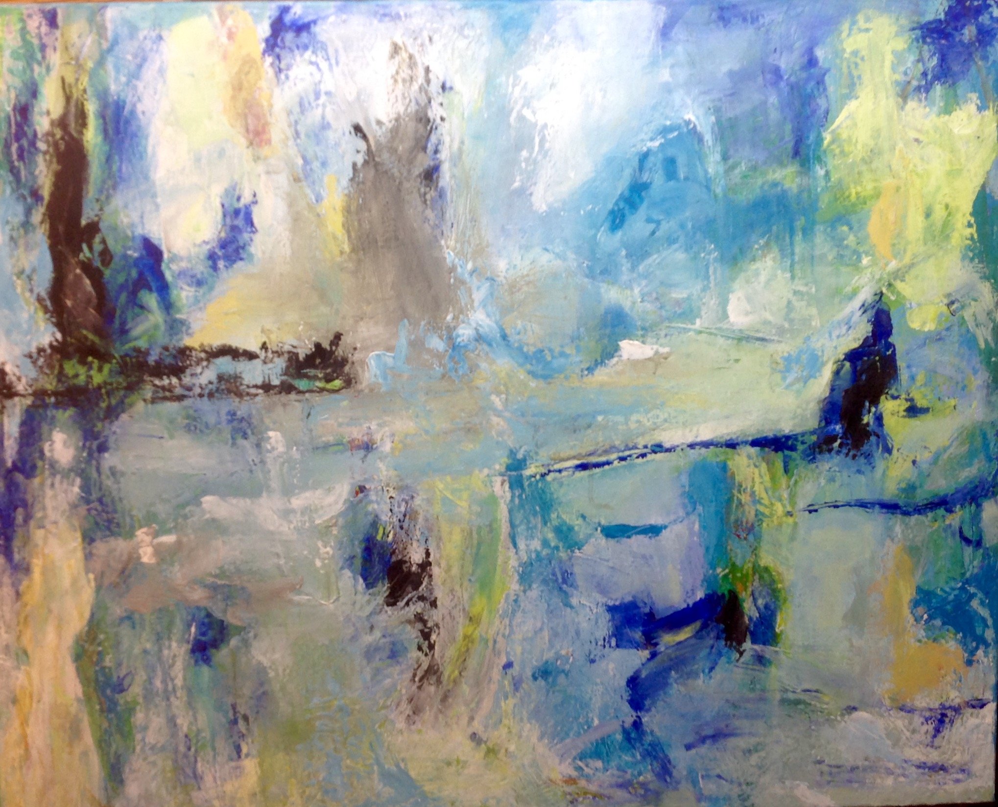 Ana Castro Feijoo; Blue Brizzes, 2020, Original Mixed Media, 90 x 80 cm. Artwork description: 241 landscape, trees, transparencies, abstract, golden, luminous, ...