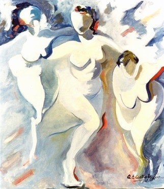 Ana Castro Feijoo; Dance, 2016, Original Painting Oil, 80 x 90 cm. Artwork description: 241 work with transparencies and light gray colors, inspired by the subtlety of these three women dancing...
