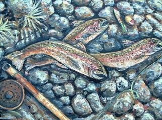 Andree Lisette Herz, 'Shore Lunch', 2004, original Painting Acrylic, 30 x 20  x 1 inches. Artwork description: 2307 Painting of shoreline of the Delaware River with rainbow trout...