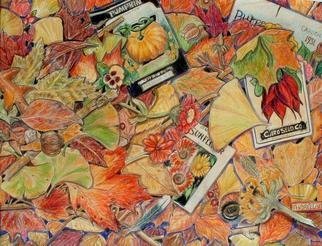 Andree Lisette Herz, 'End Of Summer', 2003, original Drawing Pencil, 24 x 20  x 1 inches. Artwork description: 2307 colored pencil of fall leaves and old seed packages...