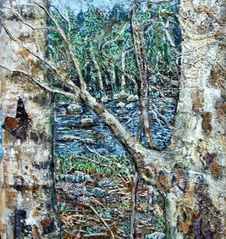 Andree Lisette Herz, 'River Watcers', 2003, original Collage, 31 x 42  inches. Artwork description: 3099 acrylic on handmade paper with collaged fabric. Painting of the nNeversink River in Sullivan County N. Y. ...
