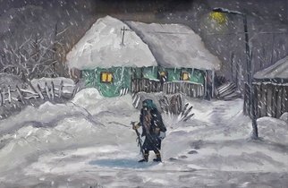 Andrei Balau; Old Lady In A Blizzard, 2019, Original Painting Oil, 60 x 40 cm. Artwork description: 241 I once saw a lady holding a jar of some sort, walking on a snowy path. It was a very day, snowy and windy. I thought that this would look nice on the canvas. ...