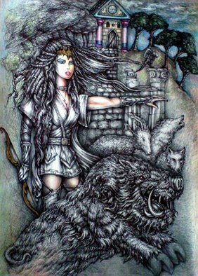 Angel Piangelo Papangelo; ARTEMIS And THE BEAST, 2018, Original Painting Acrylic, 42 x 59 cm. Artwork description: 241 Drawing - mixed Techniqueblack drawing pens, color pencils and acrylics - Very Difficult Technique, as black Permanent Pens were used that cannot be corrected or erased - Inspired from the Ancient Greek MythologyArtemis daughter of Zeus and Goddess of Hunt sent the wild Boar beast to kill Adonis as a ...