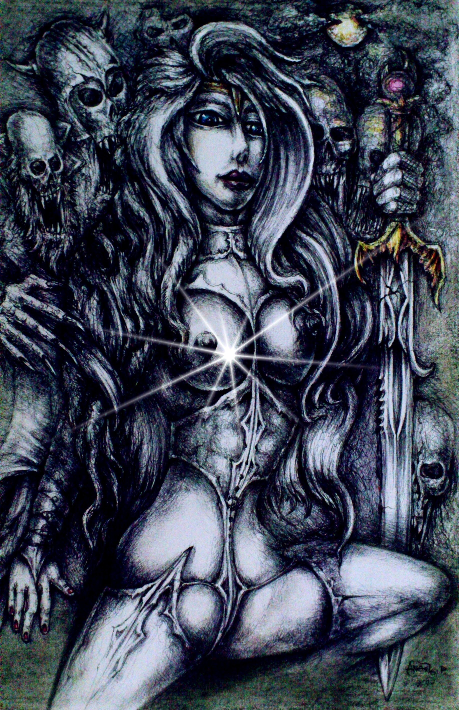 Angel Piangelo Papangelou, 'A GLIMPSE OF DARKNESS', 2016, original Drawing, 35 x 50  x 1 cm. Artwork description: 1758 Fantasy Medieval Dark Sexy Hot - mixed Technique with permanent black pens and color pencils - Heavy Hard Aquarelle paper 200 gr - Original Angel P.  Artwork 2016 - a black wooden Frame is included, which means that the Artwork is ready for the wall - COPY PROTECTED PHOTO with a Lens ...