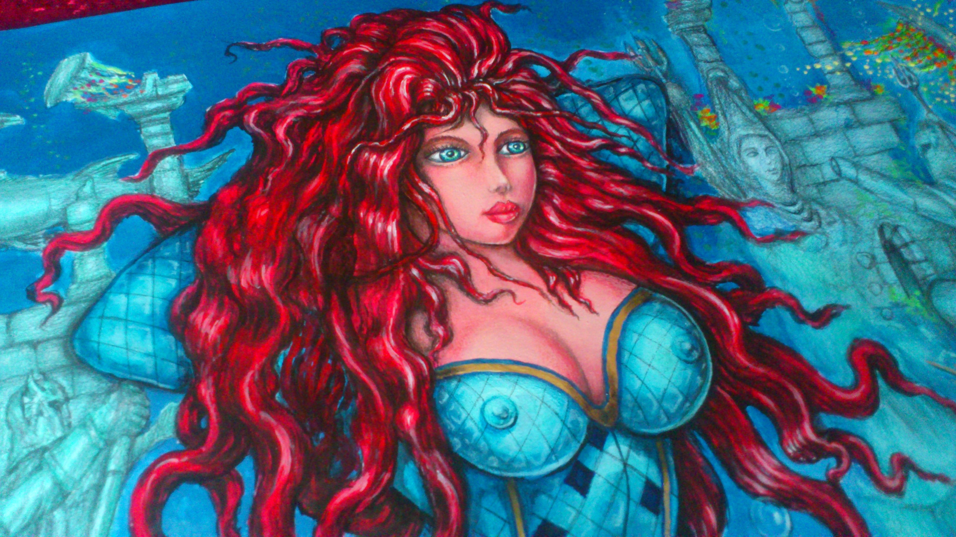 Angel Piangelo Papangelo; Aquawoman In Atlanits, 2019, Original Painting Acrylic, 65 x 50 cm. Artwork description: 241 AQUAWOMAN in ATLANTIS by Angel P.  Painting with Acrylic colours 70and colour pencils markers 30- a Unique Special Technique applied that makes the Painting looks like an oil Painting on a Canvas, although no oils used and also Permanent no needs for any protective glassUnique Amazing Hot ...