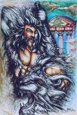Angel Piangelo Papangelou, 'WRATH OF HERCULES', 2018, original Painting Acrylic, 35 x 50  x 1 cm. Artwork description: 1758 WRATH OF HERCULES - Painting Drawing - Heavy Aquarelle paper 250 g- UNIQUE Artwork, as a SPECIAL Technique was used to look like an Aquarelle Painting - mixed Technique with colored Pencils, black pens and acrylics - Extra Difficult Technique as black Permanent Pens were used for the Drawing part of ...