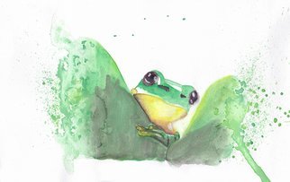 Ana Neto; Curious Frog, 2019, Original Watercolor, 25 x 15 cm. Artwork description: 241 A curious frog appears between two leafs dissolved by a pigment of color and space. ...