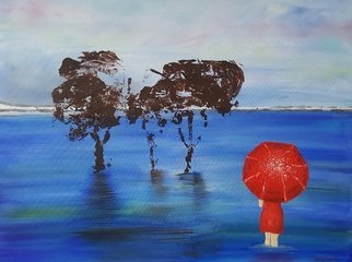 Ana Neto; Red Umbrella, 2018, Original Painting Acrylic, 80 x 60 cm. Artwork description: 241 A woman with a red dress and red umbrella crossing a calm river with trees. wondering how was that place years ago. ...