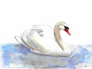 Ana Neto; Swan, 2020, Original Watercolor, 29 x 21 cm. Artwork description: 241 Inspired by a relaxing walk by the lake in Denmark. Original artwork made with high quality materials in an A4 watercolor paper 300gr   140lb.Elegante swan swimming in a diluted watercolor lake. ...