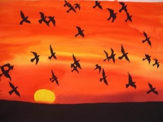 Ani Tejada; Birds In Orange Sky, 2004, Original Watercolor, 70 x 50 cm. Artwork description: 241 Weight less than 0. 2 pounds. Painted over Watercolor paper....