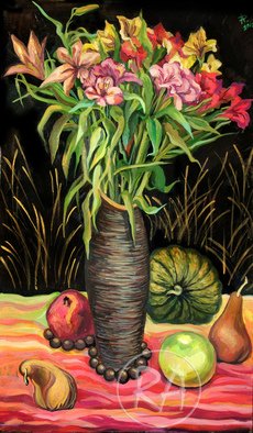 Anna Reztsova; Still Life With Shy Pears, 2012, Original Painting Oil, 62 x 100 cm. Artwork description: 241 pear, flowers, black...