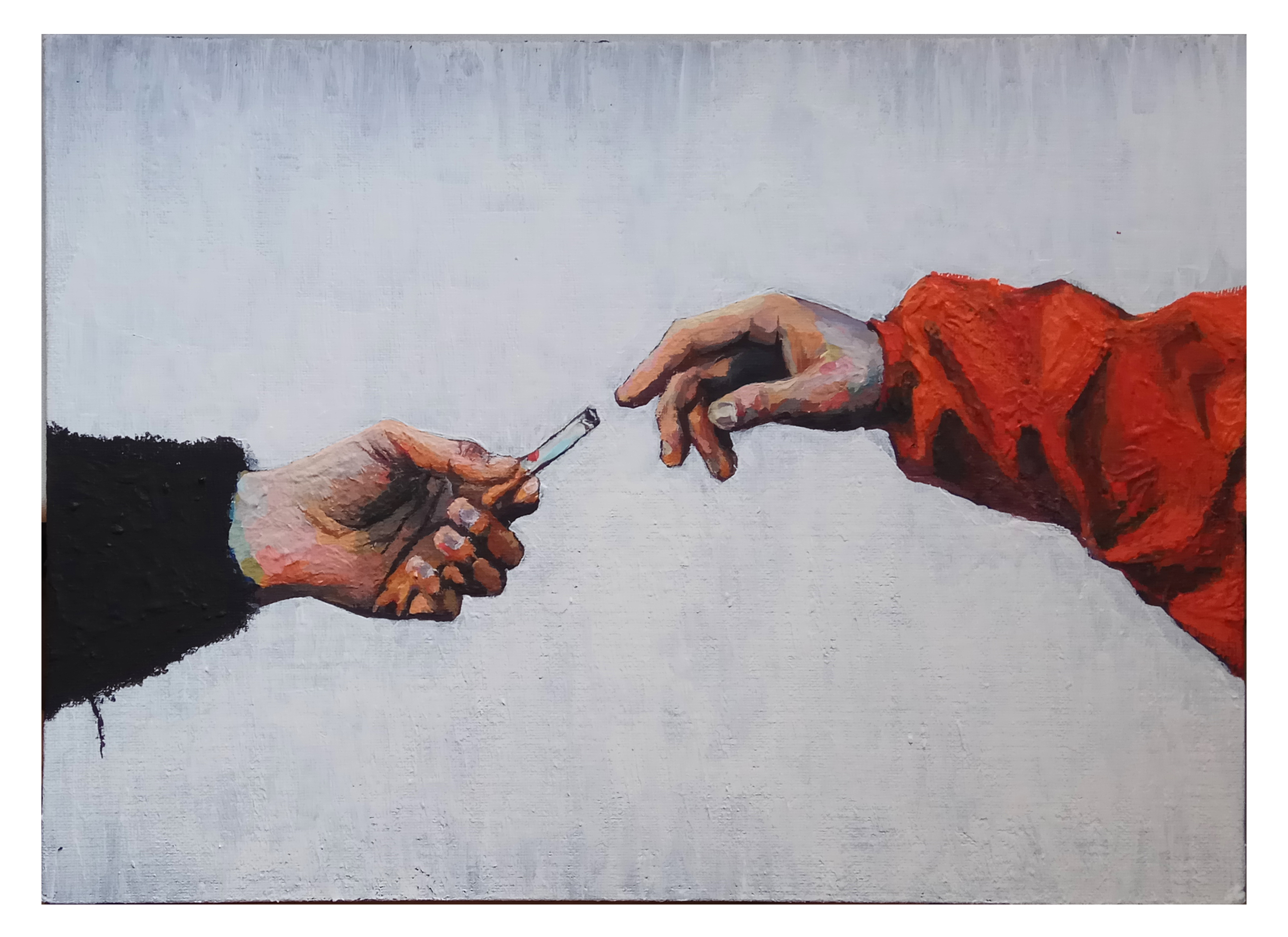 Anna Kirina; Michelangelo Modern Hands, 2020, Original Painting Acrylic, 35 x 25 cm. Artwork description: 241 The modern interpretation of the fragment of the frescoThe Creation of Adamprovides an opportunity to look at things from a simpler angle.  Quite ironic concept with a small taste of sadness. ...