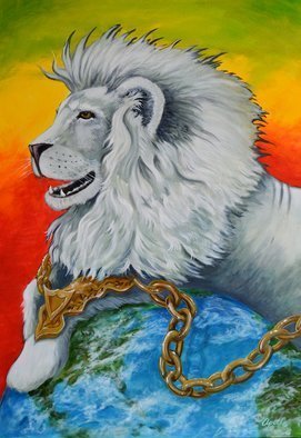 Environmental Artist Apollo; White Lion In Chains, 2016, Original Painting Acrylic, 24 x 36 inches. Artwork description: 241 White Lion in Chainsby Apollo, World Renown Environmental ArtistA Regal White Lion straddles the world adorned by a golden gauntlet only to revile a chain of gold depicting being chined to the material world...