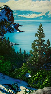 Environmental Artist Apollo; Welcome To Tahoe, 2002, Original Painting Acrylic, 24 x 48 inches. Artwork description: 241 This is the view from the ridge coming into the Tahoe Basin from the east shore.  The view of Cave Rock welcomes you to the basin...
