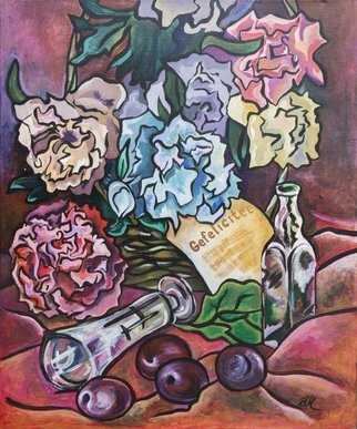 Ariadna De Raadt; Celebration Flowers, 2006, Original Painting Acrylic, 50 x 60 cm. Artwork description: 241  painting of still life home objects by acrylic om canvas, Ready to hung   behind a hanger  . Flowers, plums and a postcard in dutch  Congratulations  Acrylic, Contemporary painting, Canvas, Home, Still life, still life, home, kitchen, flowers, postcard, plums, dutch, holiday, celebration, bottle, wine glass, bouquet, congratulation ...