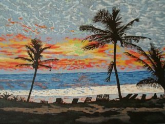 Paul Pole; Green Beam, 2015, Original Painting Acrylic, 28 x 38 cm. Artwork description: 241 Sunset, palm, trees beach...