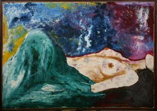 Archna Jaideep Singh; Deep Slumber, 1996, Original Painting Oil, 108.5 x 76.2 cm. Artwork description: 241 The composition comprises oil paints on canvas and portrays universal consciousness through oceanic tranquility.    ...