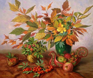 Arkady Zrazhevsky; Still Life With A Dogrose, 2007, Original Painting Oil, 70 x 60 cm. Artwork description: 241  Apples, autumn leaves, hohloma, leaves, autumn leaves, flowers, a bouquet, a cloth, a dogrose ...