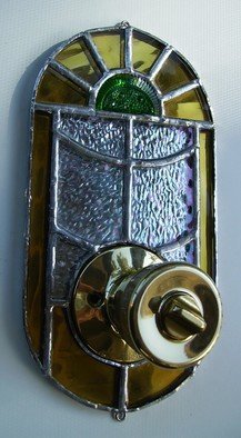 Arnold Cecchini; Door Knob Escutcheon, 2018, Original Glass Stained, 12 x 24 cm. Artwork description: 241 Materials used to construct the item are Stained Glass, Mirror, Copper, and silver solder.  For wood doors use wood screws that will fit in the support loops, metal screws for metal doors, and for Renters not wishing to damage property can use small patches of velcro with ...