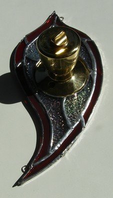 Arnold Cecchini; Door Knob Escutcheon, 2018, Original Glass Stained, 11 x 25 cm. Artwork description: 241 Materials used to construct the item are Stained Glass, Mirror, Copper, and silver solder.  For wood doors use wood screws that will fit in the support loops, metal screws for metal doors, and for Renters not wishing to damage property can use small patches of velcro with ...