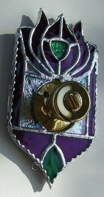 Arnold Cecchini; Door Knob Escutcheon, 2018, Original Glass Stained, 13 x 23 cm. Artwork description: 241 Materials used to construct the item are Stained Glass, Mirror, Copper, and silver solder.  For wood doors use wood screws that will fit in the support loops, metal screws for metal doors, and for Renters not wishing to damage property can use small patches of velcro with ...