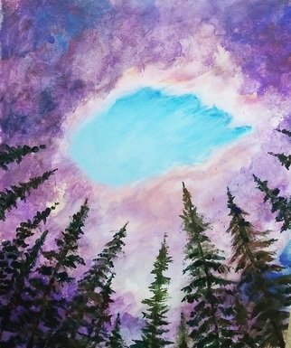 Janet Lapelusa; A Break In The Clouds, 2020, Original Painting Acrylic, 18.2 x 24 inches. Artwork description: 241 Forest with upward looking at clouds that have a break in them above.  ...