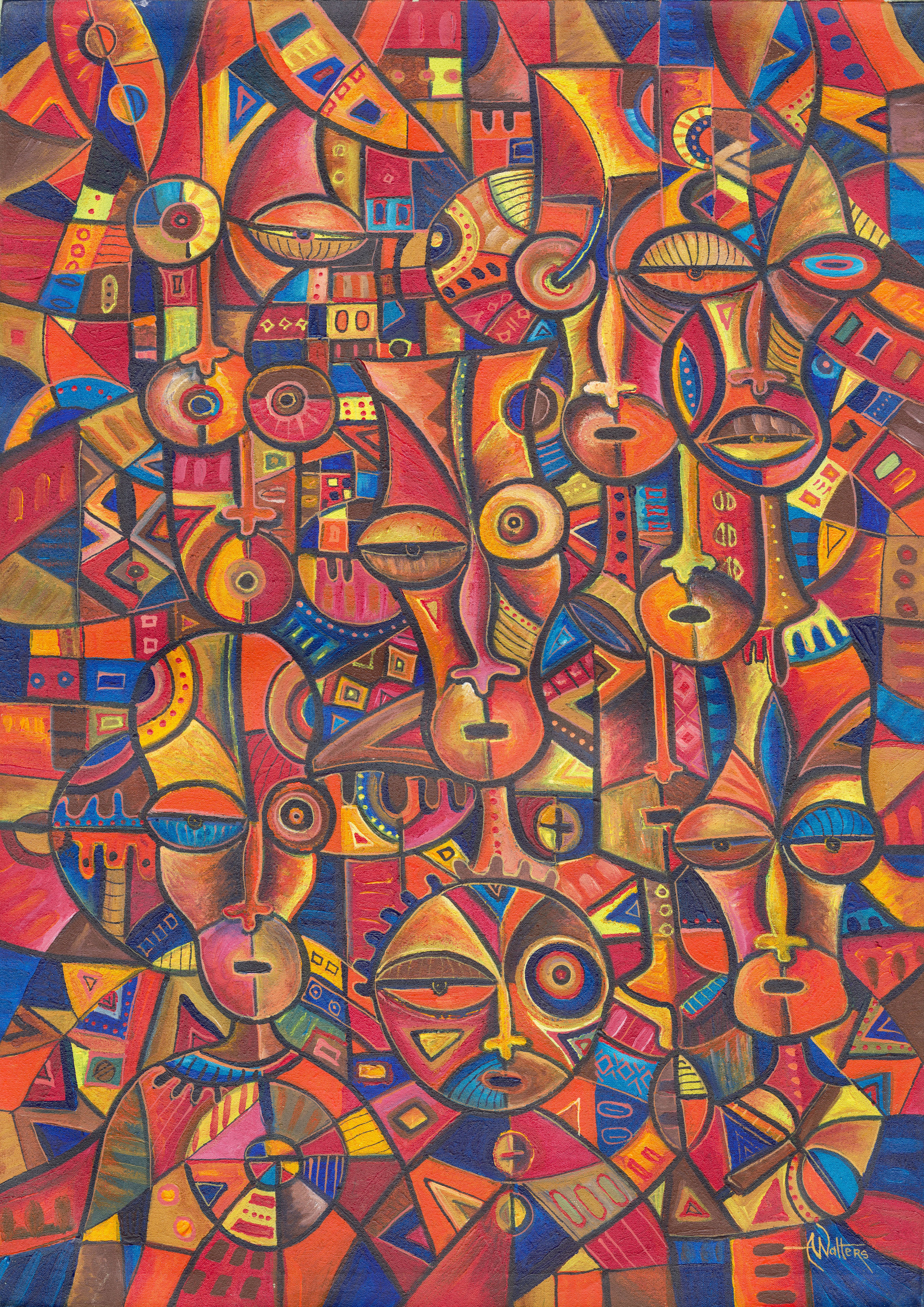Angu Walters; Faces VI , 2016, Original Painting Acrylic, 19 x 27 inches. Artwork description: 241 Faces VI is an original acrylic painting from Cameroon.  It includes many African faces in orange and blue. ...