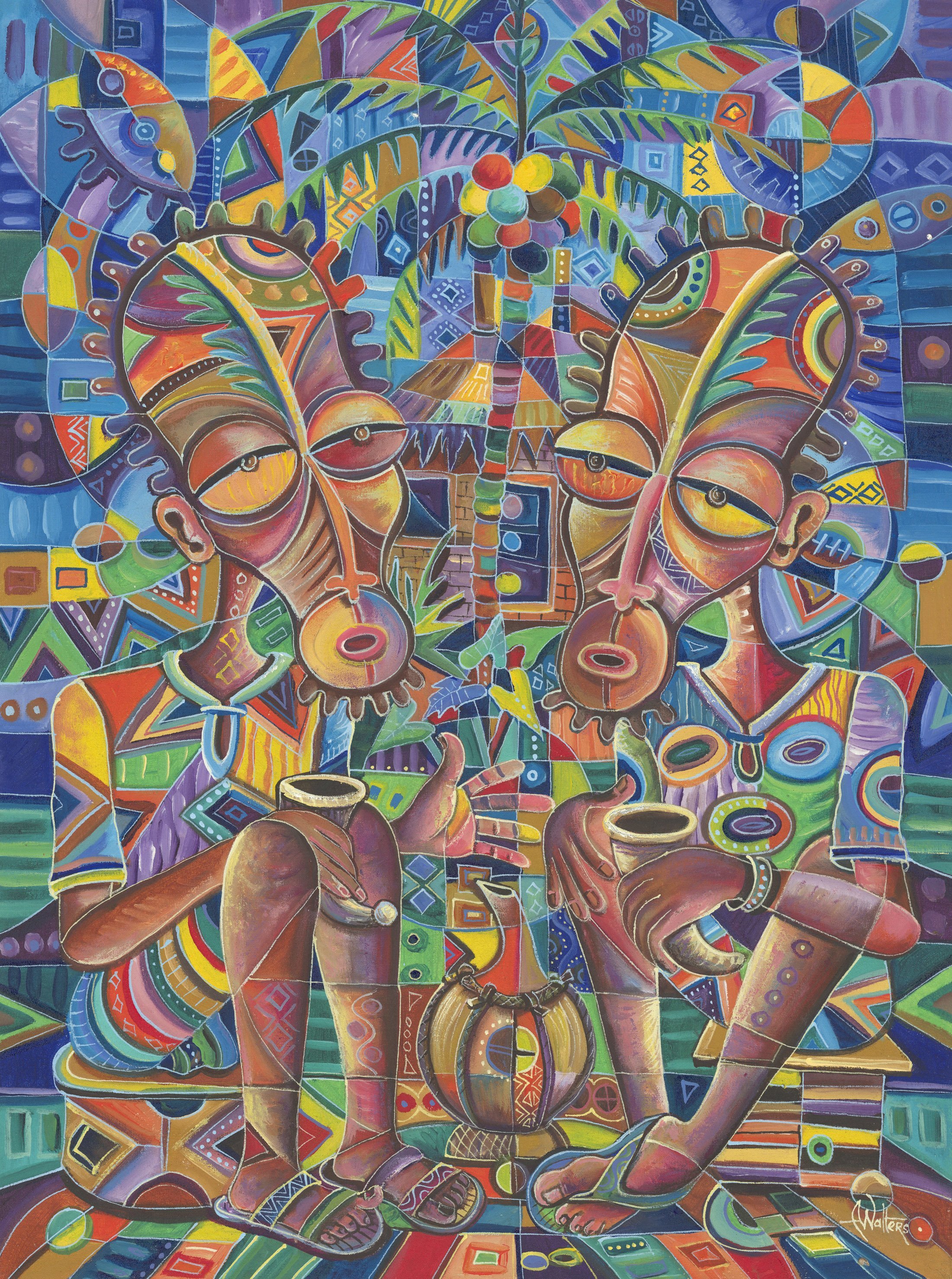 Angu Walters; The Happy Villagers IV, 2016, Original Painting Acrylic, 31 x 23 inches. Artwork description: 241 An original acrylic painting from Central Africa of two close friends in conversation.  This painting SO belongs on display in a coffee shop someplace.  A proper one, not one owned by a corporation. ...