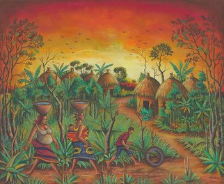 Angu Walters; Village Painting Of Afric..., 2017, Original Painting Acrylic, 99 x 80 cm. Artwork description: 241 Here is a tranquil painting from Cameroon of an idyllic scene of African villagers going about their day in peace and harmony. ...