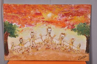 Saumya Sharma; Kabayo, 2017, Original Mixed Media, 36 x 24 cm. Artwork description: 241 Kabayo is a fine painting of 7 running white  horses. This painting is in perspective and showing unlarged ground. ...